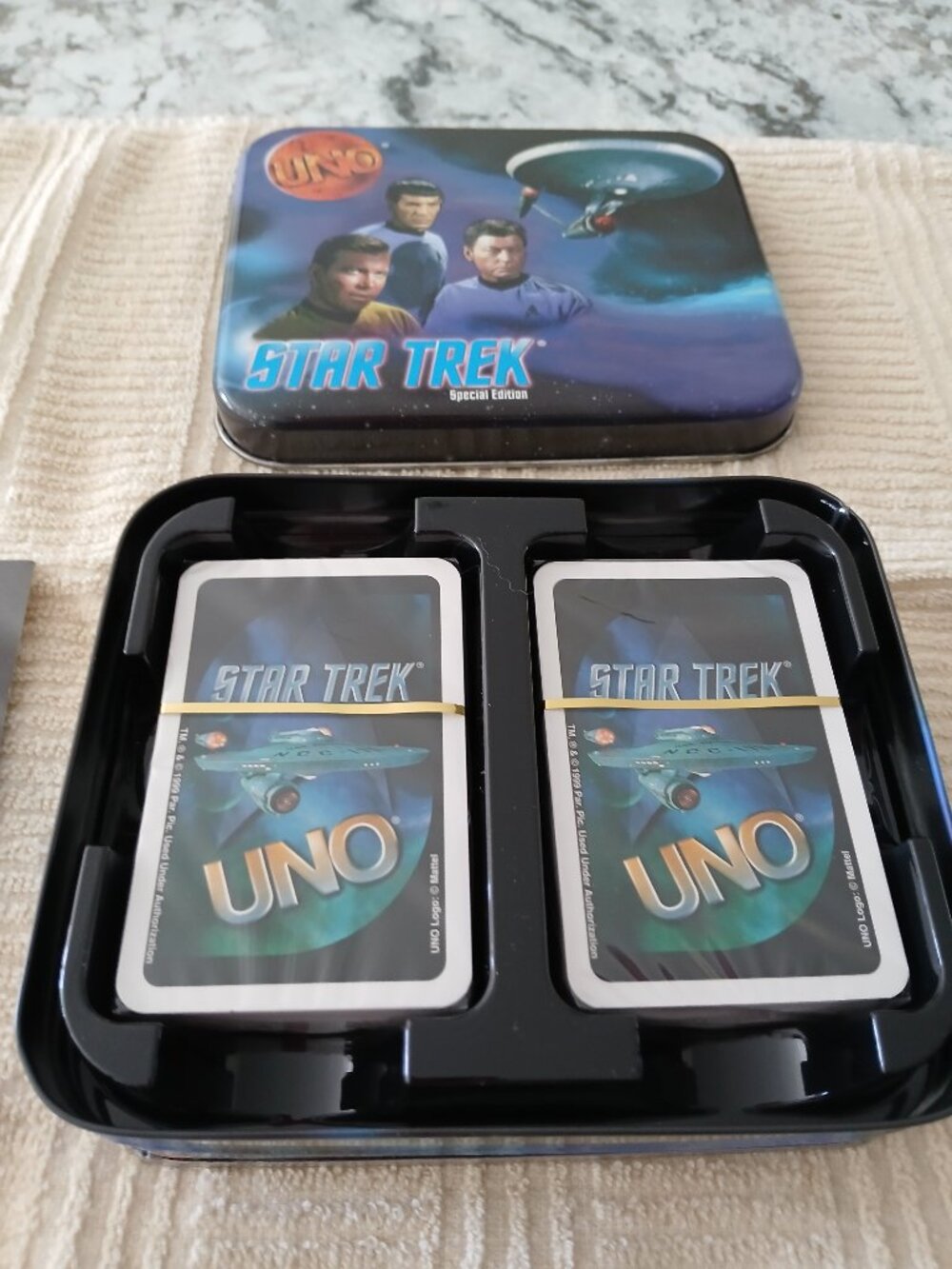 Mattel Star Trek Uno Cards in original tin, with instructions, cards never used